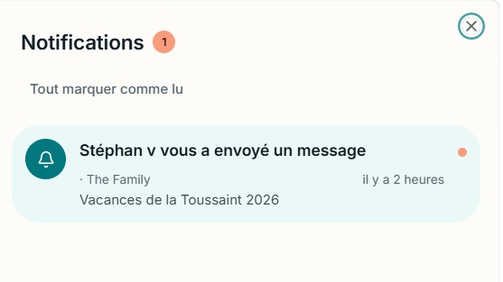 Centre de notifications TRIBOU affichant un nouveau message reçu dans le cercle
